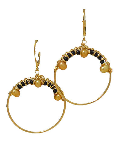 Custom Golden Pearl & Bluestone Wire Wrap Hoop Earrings