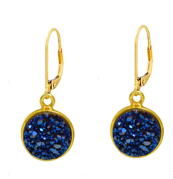 11mm Vermeil Bezel Druzy Stone Earrings on Gold Filled Leverback (cobalt blue)