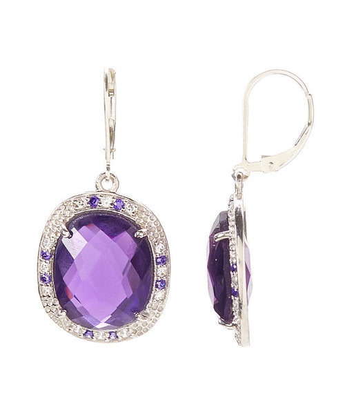 Elegant Sterling Silver Halo Bezel Drop Earrings (Amethyst)