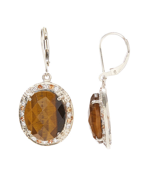 Elegant Sterling Silver Halo Bezel Drop Earrings (tiger eye)